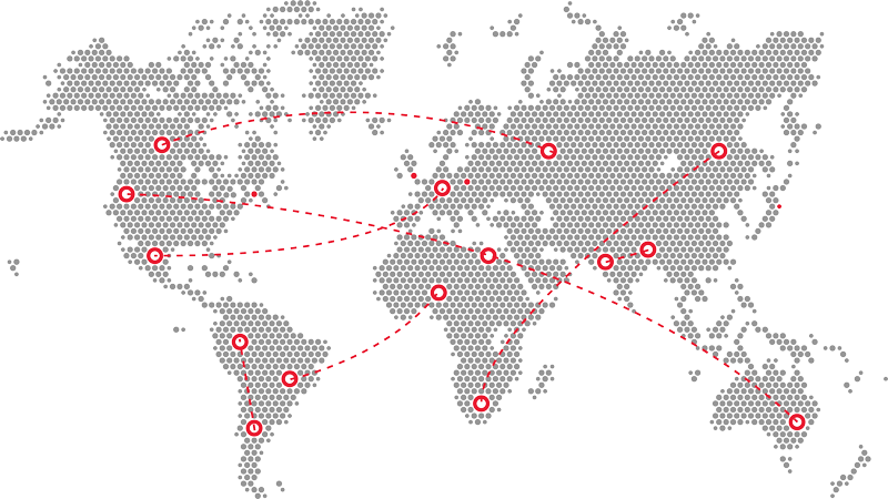 Global network connections across continents with highlighted locations.